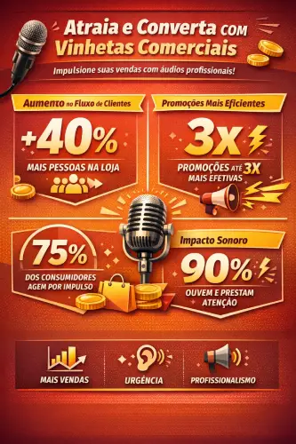 Infográfico sobre vinheta promoção loja destacando aumento de até 40% no fluxo de clientes e até 3x mais conversão em promoções com áudio profissional para porta de loja.