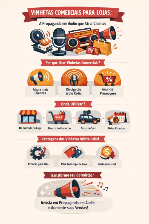 Infográfico sobre vinhetas comerciais profissionais de propaganda para radio e comercio