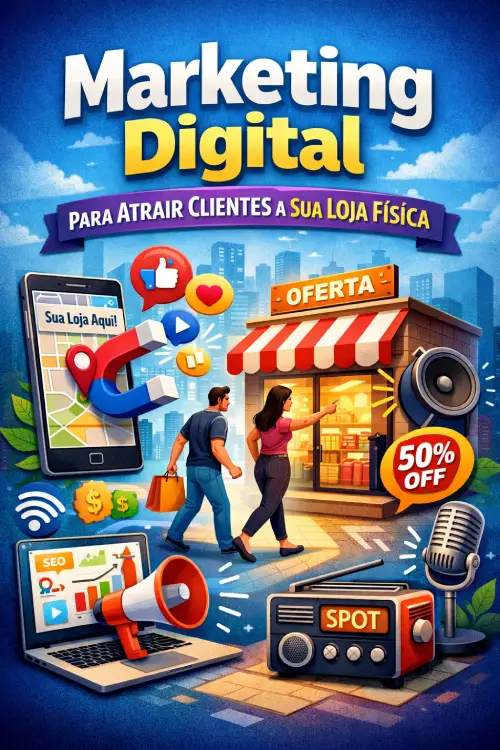 Ilustração representando estratégias de marketing digital para atrair clientes para loja física, combinando divulgação online, propaganda em áudio, promoções e técnicas de marketing para aumentar as vendas no comércio.
